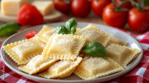 Homemade ravioli with basil and tomatoes arranged on a plate in a rustic kitc...