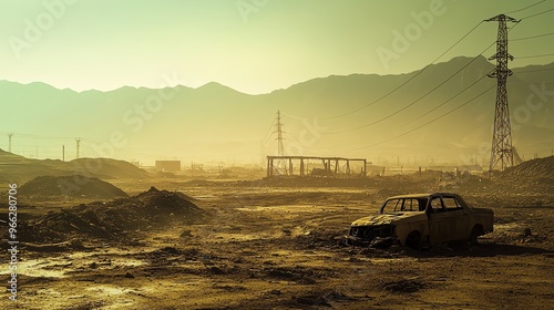Desolate landscape featuring an abandoned car, mountains, and power lines, evoking a sense of isolation and decay.