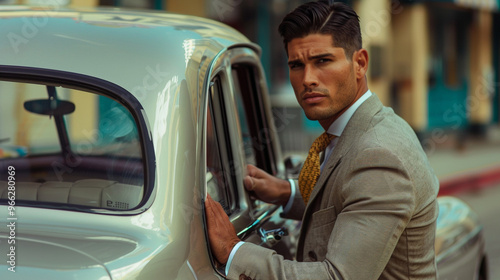 Latino man in a sharp suit, leaning against a vintage car with a cool, suave expression, capturing a classic look.