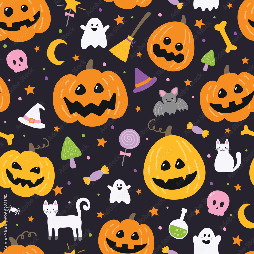 Halloween background with cute icons. Seamless pattern concept. Vector illustration Halloween background with cute icons. Seamless pattern concept. Vector illustration