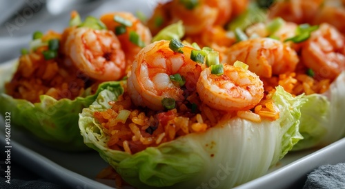 Colorful shrimp and rice dish served in lettuce cups garnished with green onions