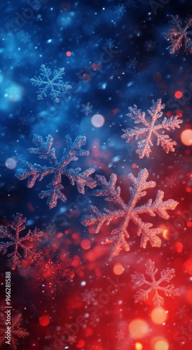 Colorful snowflakes falling against a vibrant blue and red background during ...