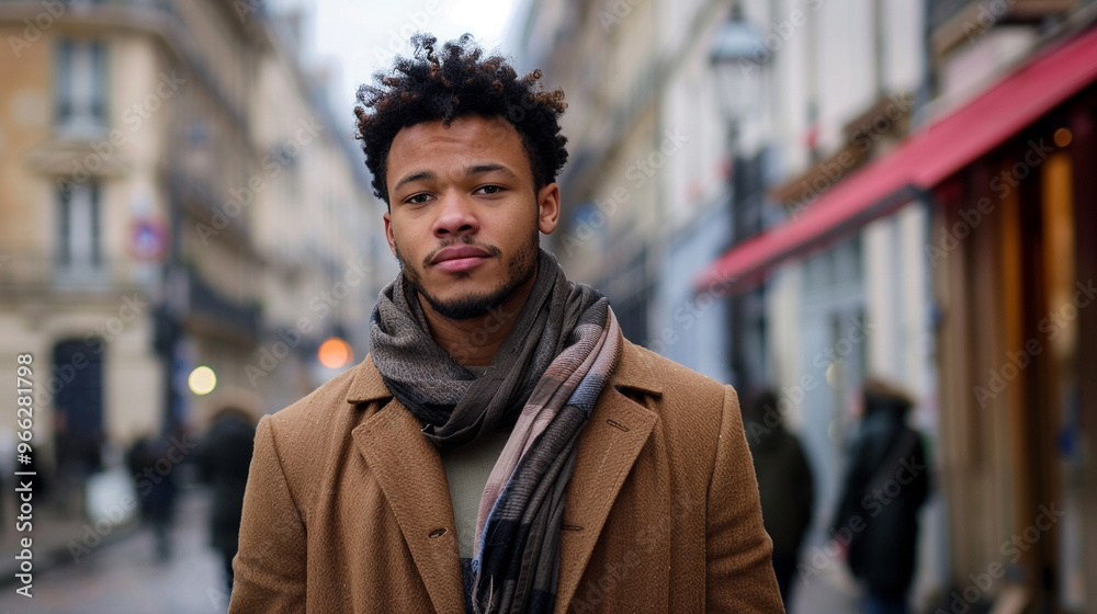 Mixed-race man in a tailored coat and scarf, standing in a European-style street with a thoughtful, artistic pose. Mixed-race man in a tailored coat and scarf, standing in a European-style street with a thoughtful, artistic pose.