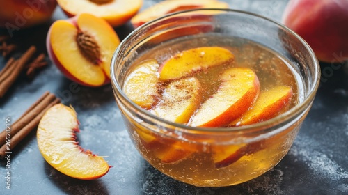 Refreshing peach slices in syrup with cinnamon on a rustic wooden surface in ...