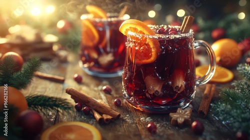 Warm spiced holiday drinks with cranberries and oranges on a wooden table dur...