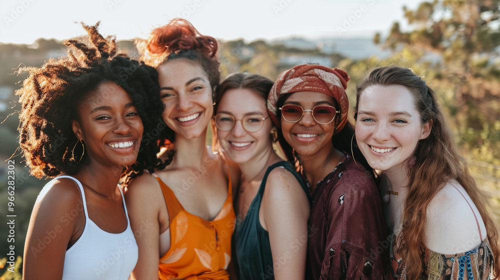 Multiethnic group of women smiling together, posing outdoors in casual ...