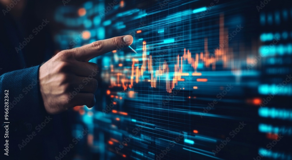 Naklejka premium Analyzing financial data trends on a digital touchscreen display in a modern office environment