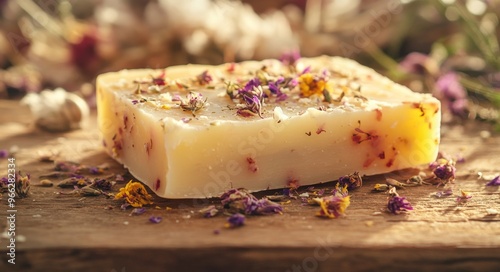 Handmade herbal soap with dried flowers displayed on a wooden surface in a na...