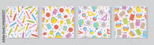 School background set with hand drawn stationery. Seamless pattern. Vector illustration