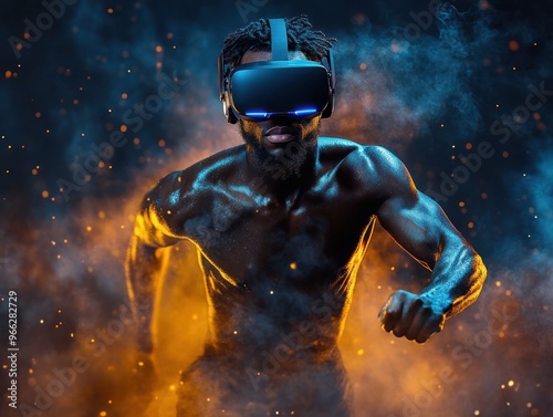 Virtual reality athlete amidst sparks and smoke