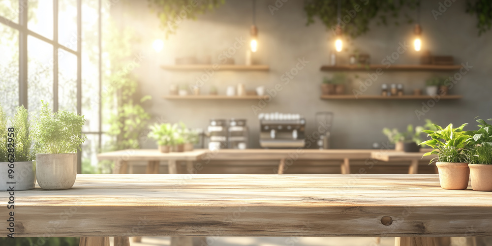 Small pot plants and coffee cup on wooden table on the natural light from the window framing a bright decorated wall backdrop with serene atmosphere in a peaceful setting. Generative AI. Small pot plants and coffee cup on wooden table on the natural light from the window framing a bright decorated wall backdrop with serene atmosphere in a peaceful setting. Generative AI.