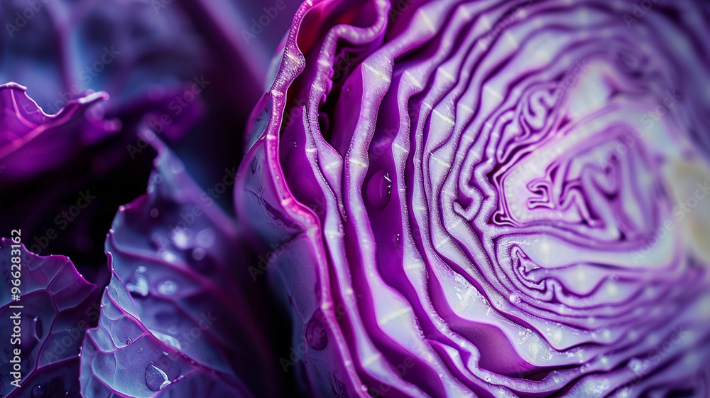 Obraz premium Purple cabbage cut in half, revealing intricate layers inside, with the vibrant color emphasized by soft lighting.