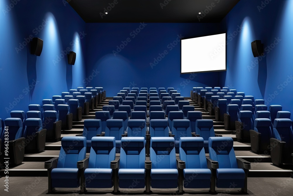 Fototapeta premium Empty Cinema with Blue Interior and White Blank Screen Mockup