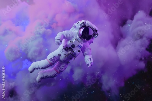 Astronaut flies past purple-blue clouds. Space. Space suit. neon color. The clouds revolve around the astronaut. Astronaut flies past purple-blue clouds. Space. Space suit. neon color. The clouds revo photo