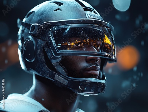 Person in futuristic helmet with glowing visor. photo