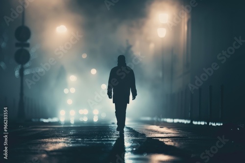 A man walks down a street at night, generative ai image