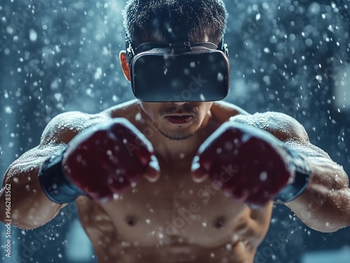 Boxer training with punches in a snowy environment. photo