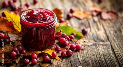Homemade cranberry jam jar surrounded by fresh cranberries and autumn leaves ...