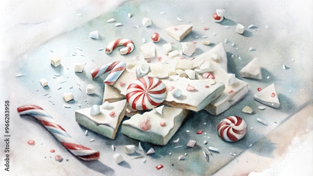 Mint bark pieces scattered with candy canes, red and white swirls, clean and simple composition, festive and sweet Mint bark pieces scattered with candy canes, red and white swirls, clean and simple composition, festive and sweet