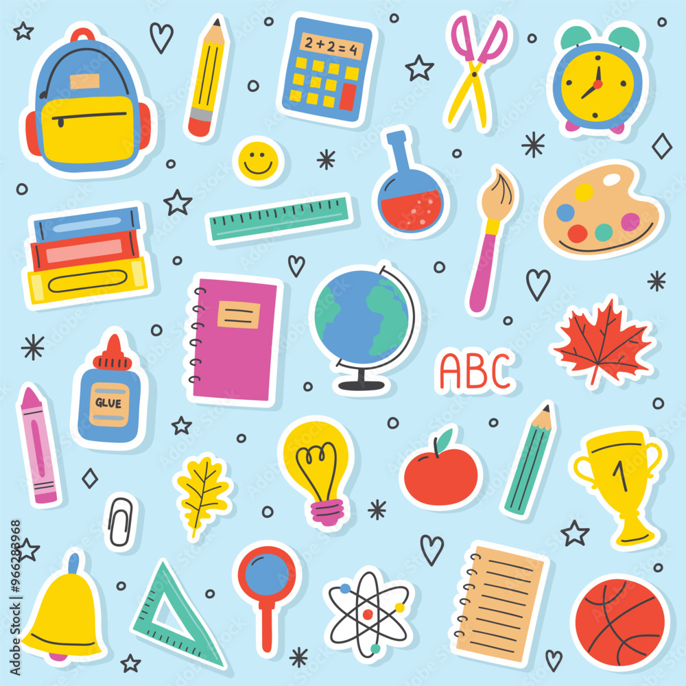 Set with a hand drawn school stickers. Cartoon supply icons. Vector illustration Set with a hand drawn school stickers. Cartoon supply icons. Vector illustration