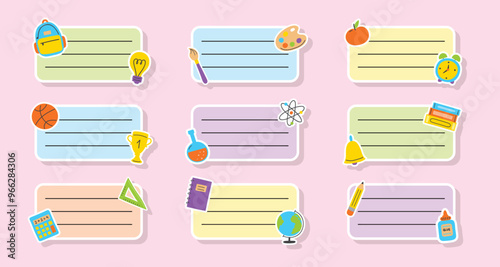 Set with school notebook labels in hand drawn style. Vector illustration