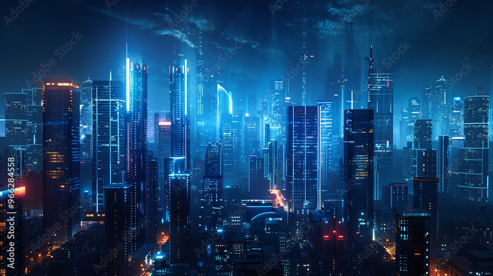 Fototapeta premium Smart city at night with illuminated buildings and tech features.