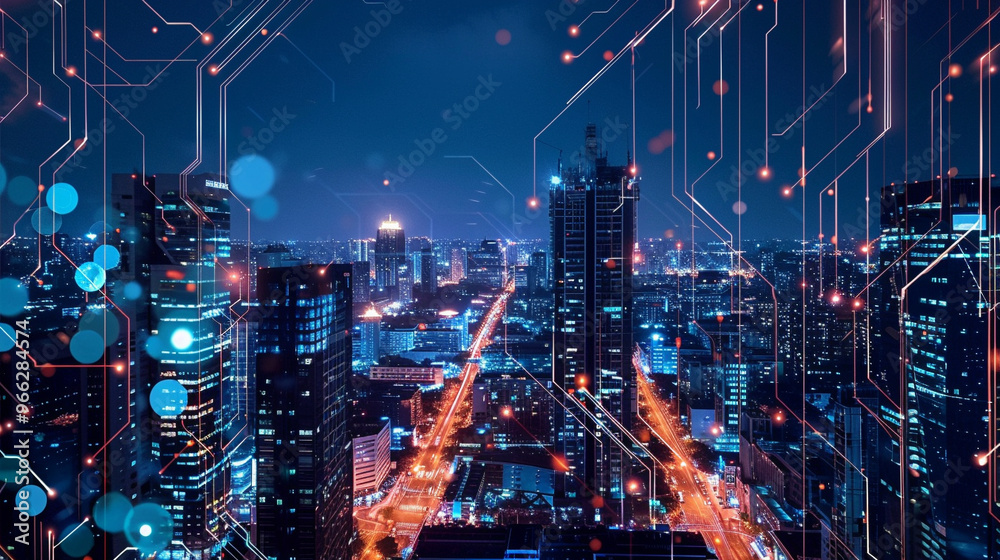 Fototapeta premium Smart city at night with illuminated buildings and tech features.
