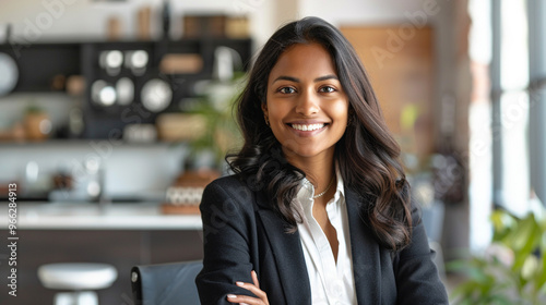 South Asian woman in professional attire, smiling confidently in front of her desk in a corporate office.