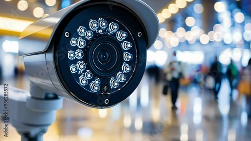 A surveillance camera captures the bustling activity in a crowded shopping area, showing people walking and interacting in a vibrant setting.