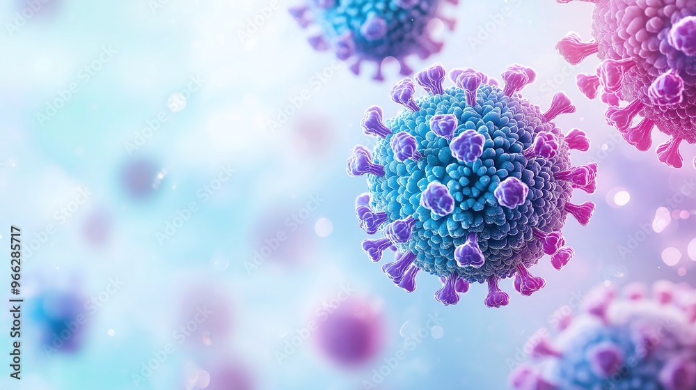 Close up of the blue and purple microscopic spheres of the virus. The background is light blue with blurry light pink particles. This image is the concept banner of the website, featuring a micro viru Close up of the blue and purple microscopic spheres of the virus. The background is light blue with blurry light pink particles. This image is the concept banner of the website, featuring a micro viru