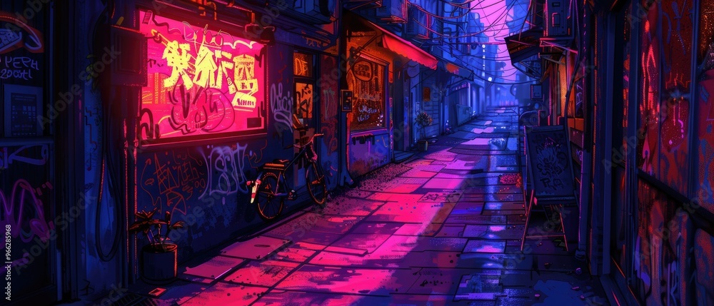 Vibrant neon-lit alleyway in a bustling city at night, showcasing colorful signs and atmospheric lighting. Vibrant neon-lit alleyway in a bustling city at night, showcasing colorful signs and atmospheric lighting.