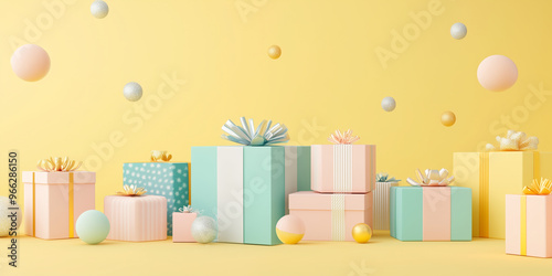 Colorful pastel gift boxes with decorative ribbons and ornaments on a vibrant yellow background for a festive celebration. Generative AI.
