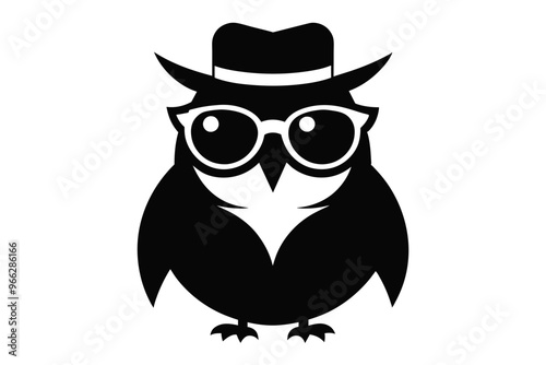 A cool vintage style owl with sun glasses and hat, silhouette black color on the white background, vector art illustration