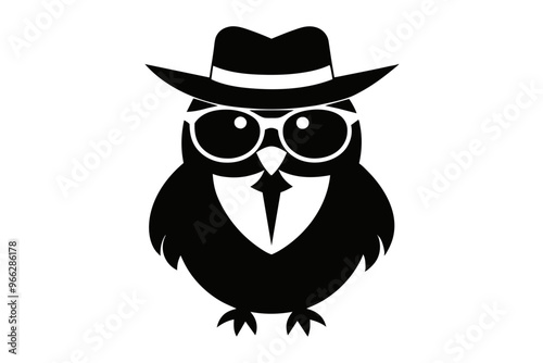 A cool vintage style owl with sun glasses and hat, silhouette black color on the white background, vector art illustration