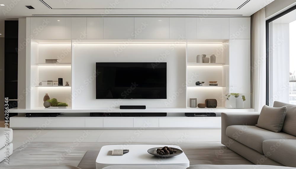 Sleek modern entertainment unit with built-in shelves against a clean ...