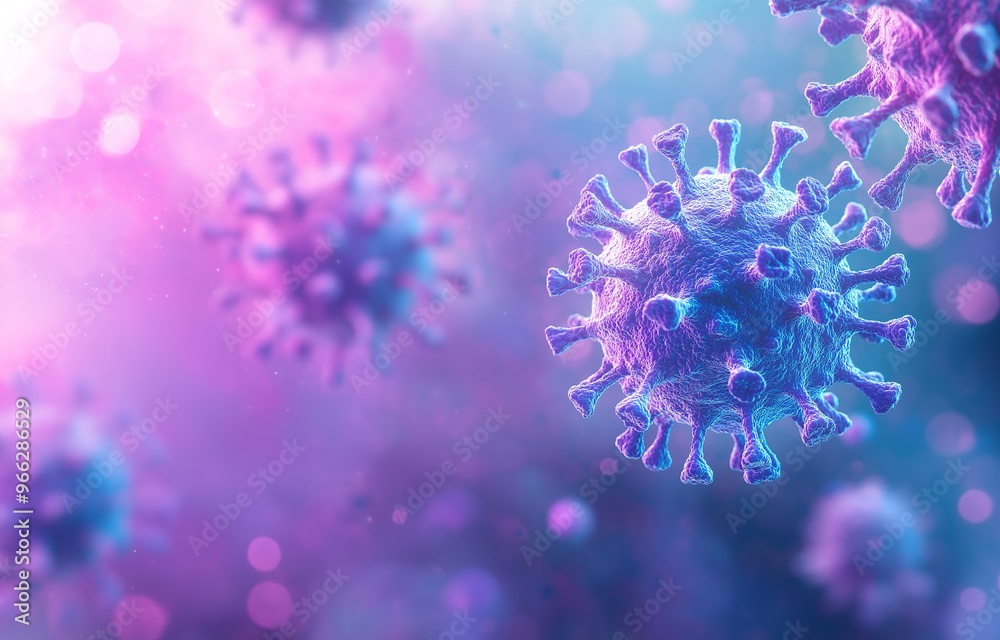 Close up of the blue and purple microscopic spheres of the virus. The background is light blue with blurry light pink particles. This image is the concept banner of the website, featuring a micro viru Close up of the blue and purple microscopic spheres of the virus. The background is light blue with blurry light pink particles. This image is the concept banner of the website, featuring a micro viru