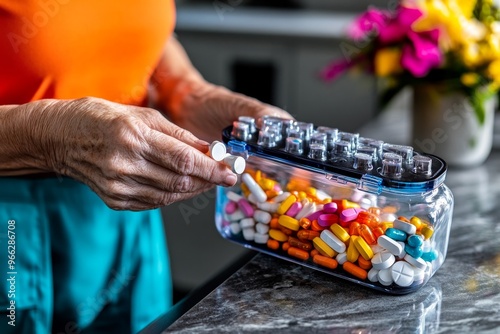 A caregiver preparing medication for a patient, organizing pills in a weekly pillbox to ensure proper dosages at home photo