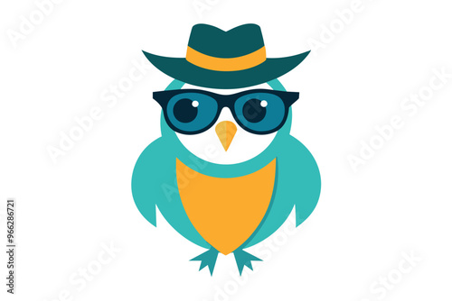 A cool vintage style owl with sun glasses and hat on the white background, vector art illustration 