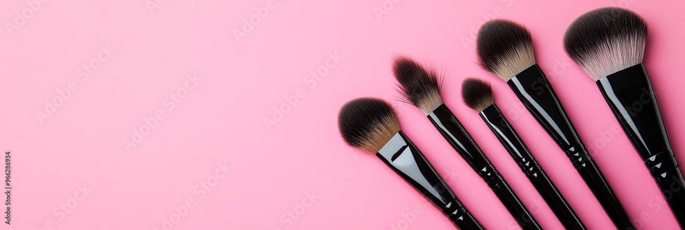 A set of professional makeup brushes and false eyelashes displayed on a pink background, symbolizing beauty, artistry, self-expression, confidence, and glamour. A set of professional makeup brushes and false eyelashes displayed on a pink background, symbolizing beauty, artistry, self-expression, confidence, and glamour.