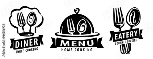 Set of symbols or badges for restaurant menu. Eatery, diner emblem. Food service concept