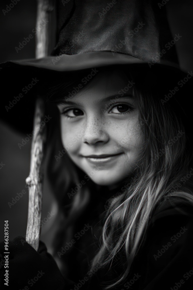 Obraz premium A portrait of a young girl in a witch costume, holding a stick, in black and white.