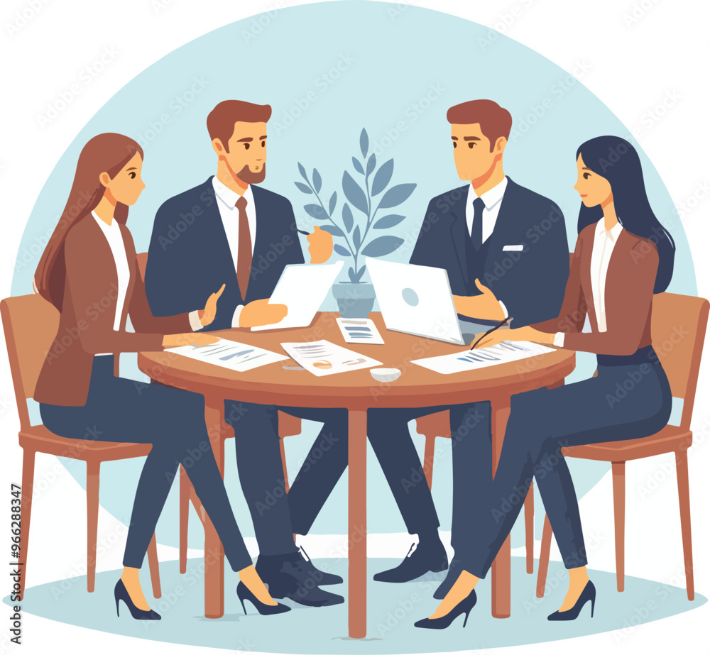 Partners meeting for business discussion with documents and laptop on desk. Couple at round table, speaking, discussing work, partnership. Flat vector illustration isolated on white background Partners meeting for business discussion with documents and laptop on desk. Couple at round table, speaking, discussing work, partnership. Flat vector illustration isolated on white background