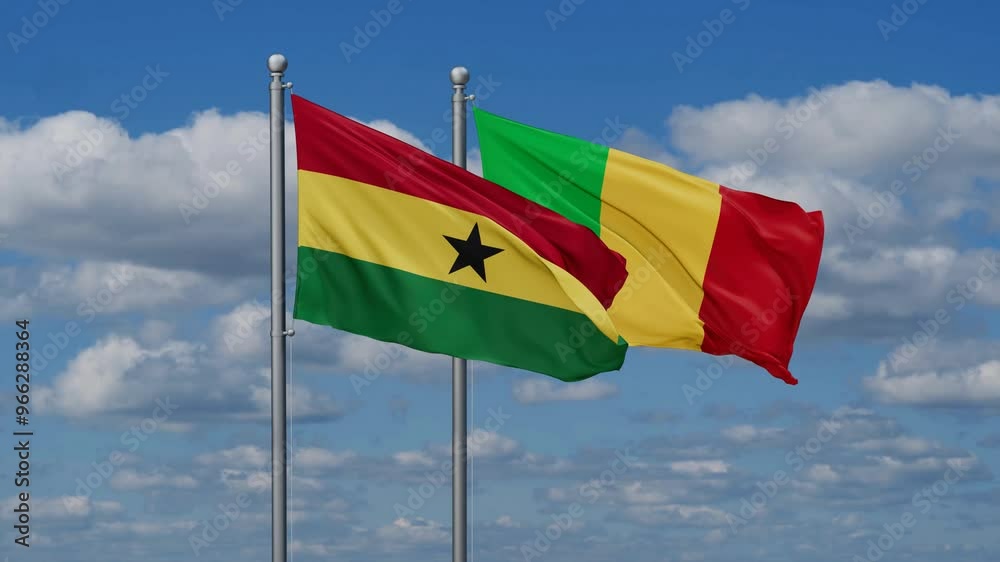 Mali and Ghana flags waving together, video concept of the relationship, two country relations concept Mali and Ghana flags waving together, video concept of the relationship, two country relations concept