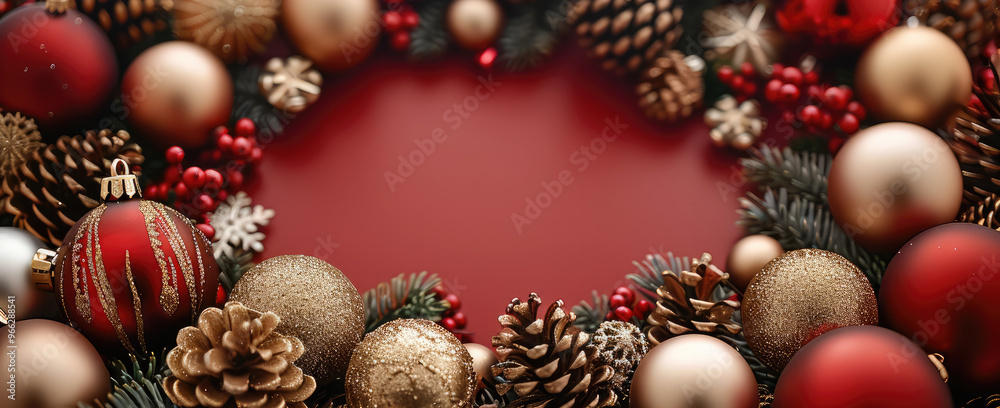 Festive Christmas decorations on a dark red background with copy space in the middle, gold. Generative AI. Festive Christmas decorations on a dark red background with copy space in the middle, gold. Generative AI.