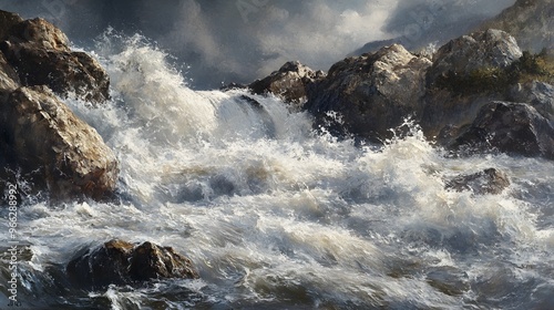 18. A dramatic river rapids scene with rushing water churning over boulders and creating frothy whitecaps