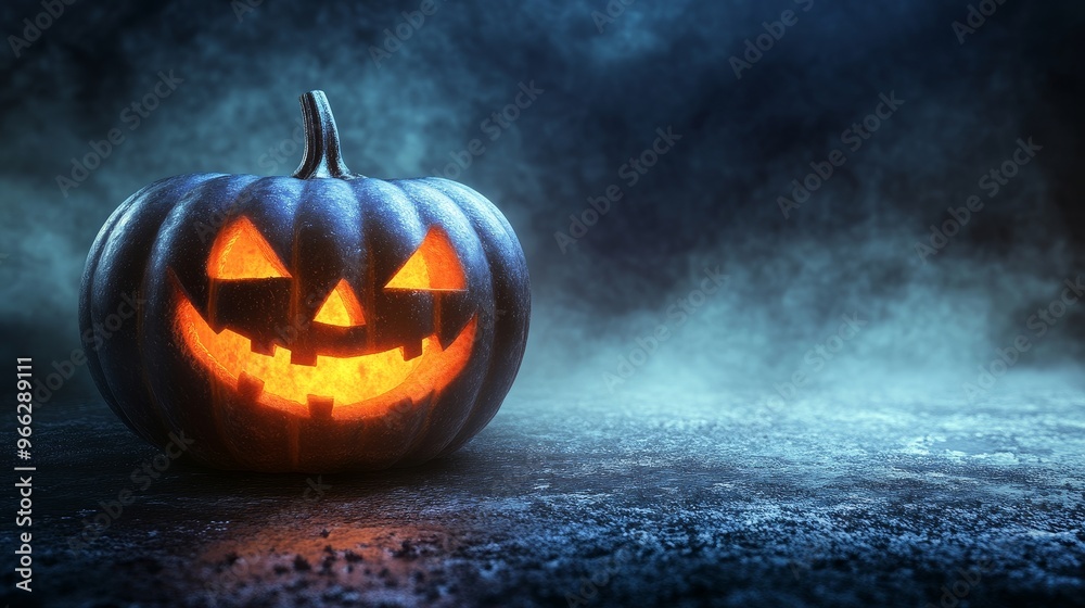 Naklejka premium A single jack-o'-lantern, carved with a menacing grin, glows eerily in the midst of a dark and foggy landscape. The contrasting light and dark creates a haunting atmosphere