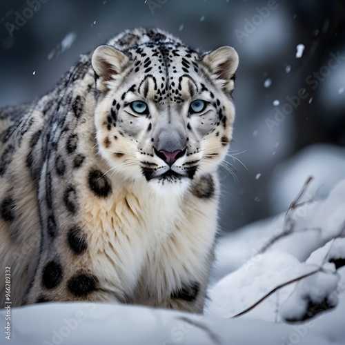 Snow Leopard on Snow-Covered Terrain