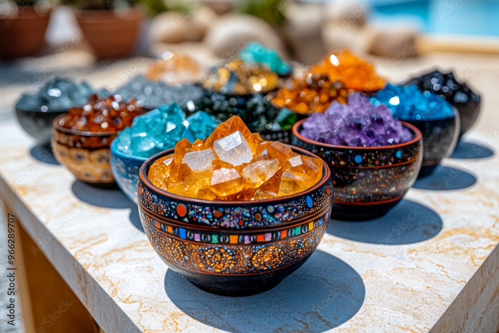 A crystal healing session, where participants relax with crystals placed on chakras, promoting emotional and physical well-being A crystal healing session, where participants relax with crystals placed on chakras, promoting emotional and physical well-being