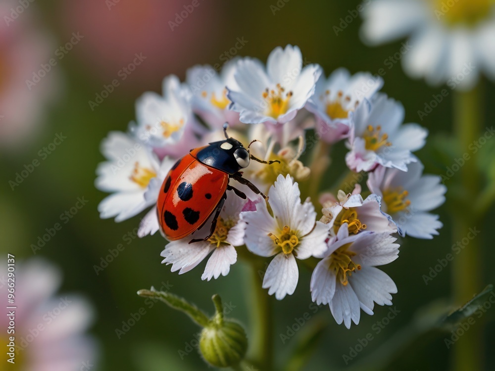 Ladybug on a Blooming Flower with Vibrant Petals and Greenery Ladybug on a Blooming Flower with Vibrant Petals and Greenery