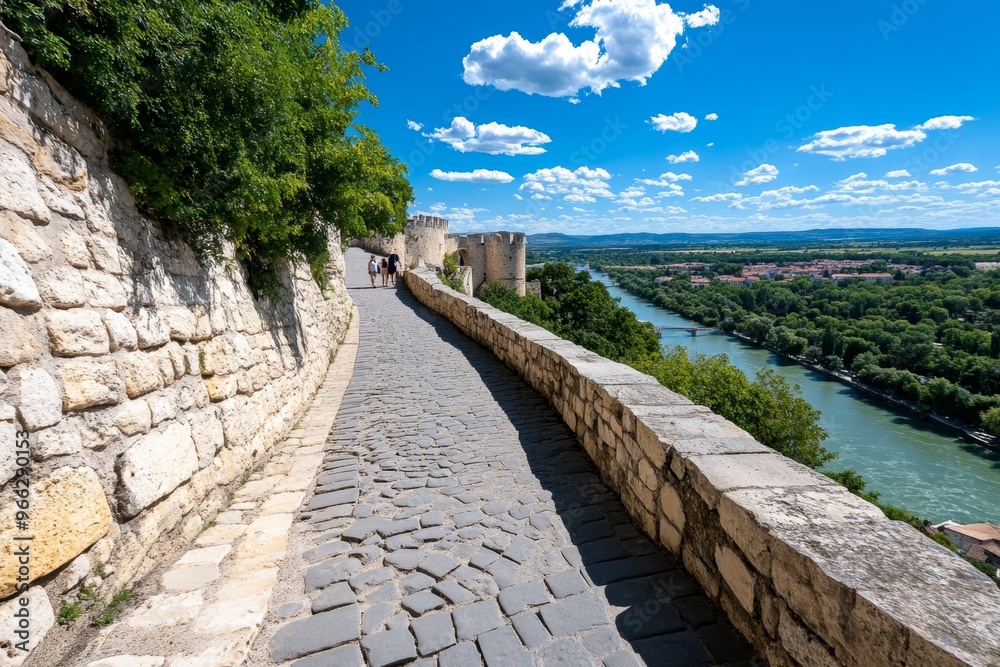 Fototapeta premium A family exploring the ancient city walls of Avignon, discovering hidden towers and panoramic views of the surrounding landscape